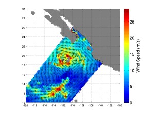 Tropical Storm Simon as seen by the International Space Station-RapidScat scatterometer as the storm approached Mexico's Baja California peninsula at 0210 UTC Time Oct. 4 (7:10 p.m. PDT Oct. 3). Image Credit: NASA-JPL/Caltech